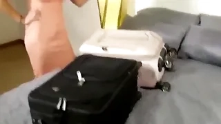 The stepson shares a bed with his gorgeous mother in law during their vacation