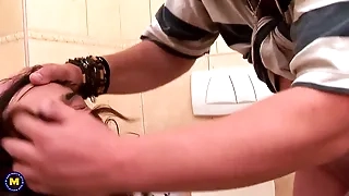 Mature woman forced to drink and shit on the toilet cock in her mouth