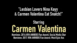 Carmen Valentina and Nina Kayy eat each other's pussies in a steamy snack session