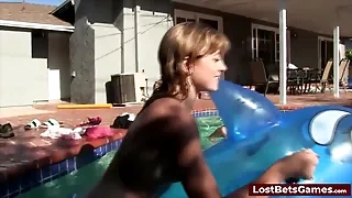 Four wet girls sucking and fucking Derek's cock in the pool