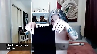 Seska shows her holes in black pantyhose during a minute tease