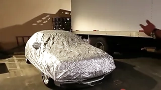 Blonde with big boobs fucks a cock in the garage